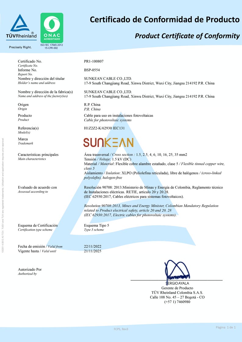 Certificado de Cabo Solar RETIE
